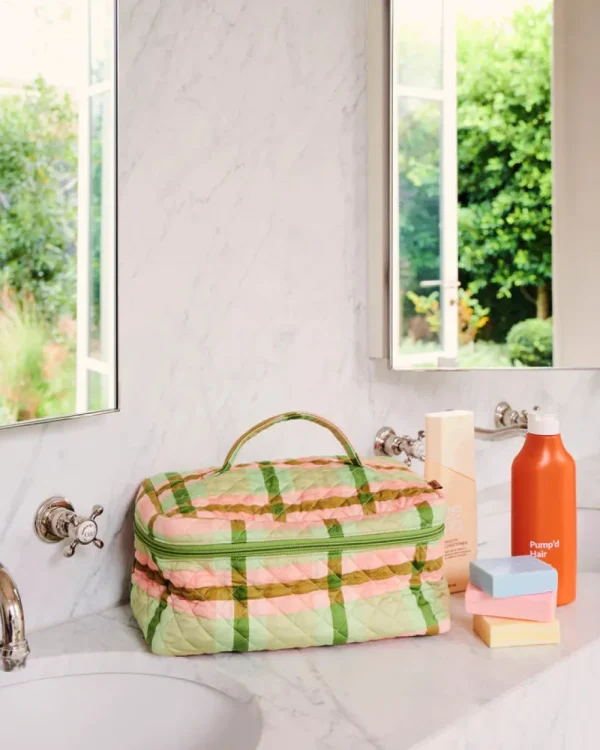 Kip & Co Pistachio Tartan Quilted Cotton Toiletry Case Fashion