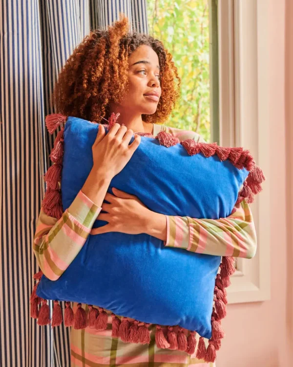 Kip & Co Sapphire Blush Velvet Tassel Cushion Clearance
