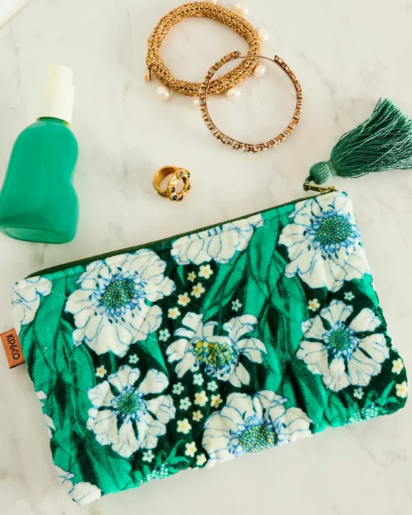 Kip & Co Tumbling Flowers Green Velvet Cosmetics Purse Discount